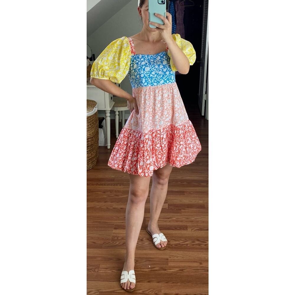 Oliphant Tuckernuck Canary Multi Bubble Skirt Mini Cotton Dress Puff Sleeves NEW - Picture 8 of 15